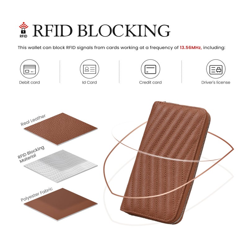 befen Genuine Leather Wristlet Wallets for Women Zip Around Quilted Wallet, Womens Brown Clutch Wallet with RFID Blocking - Image 5