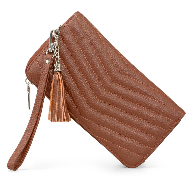 befen Genuine Leather Wristlet Wallets for Women Zip Around Quilted Wallet, Womens Brown Clutch Wallet with RFID Blocking - Image 1