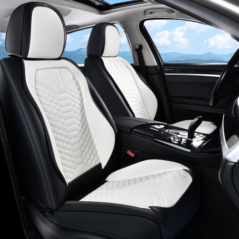 Coverado Car Seat Covers, Front Seat Cover, Waterproof Nappa Leather Seat Covers for Cars, 2 Pack Driver Car Seat Protectors, Automotive Seat Covers Universal Fit for Most Cars, Black&White - Image 1