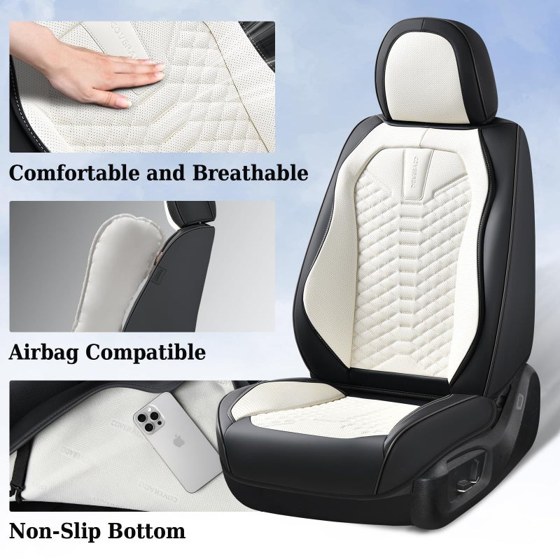 Coverado Car Seat Covers, Front Seat Cover, Waterproof Nappa Leather Seat Covers for Cars, 2 Pack Driver Car Seat Protectors, Automotive Seat Covers Universal Fit for Most Cars, Black&White - Image 3