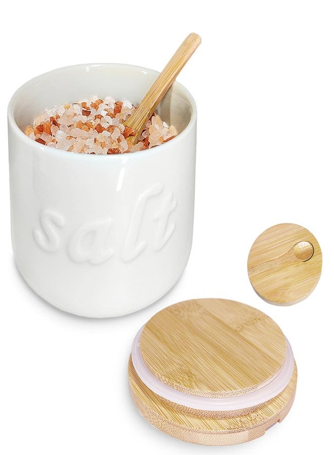 NAXIHOPT Salt Cellar with Lid and Spoon, 16 OZ Airtight Salt Container for Countertop, Ceramic Storage Container for Spices, White - Image 1