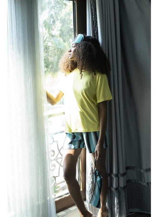 For You Moda 5-Piece Striped Viscose Yellow Short Sleeve Pajama Set S26772  - Image 4