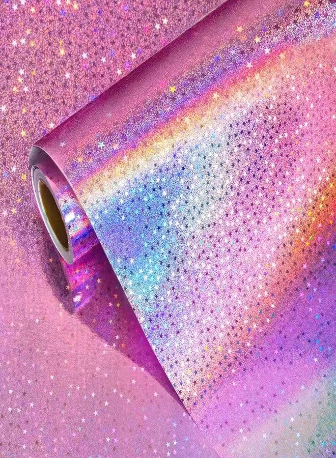 Vnaaem Pink Holographic Wrapping Paper Roll - Metallic Foil Stars Design Gift Wrap for Birthday Kpop Party Graduation Wedding Baby Shower(17 IN x 16.5 Ft - Image 1