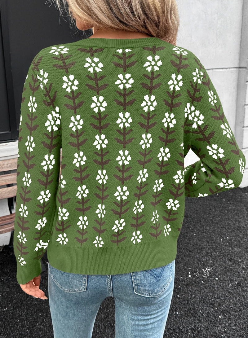 Sidefeel Women's Button Down Cardigan Sweater Long Sleeve Cute Printed Cropped Sweater Coats Green Medium - Image 2