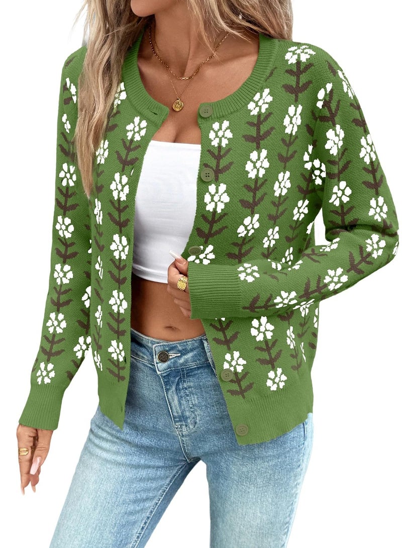 Sidefeel Women's Button Down Cardigan Sweater Long Sleeve Cute Printed Cropped Sweater Coats Green Medium - Image 1
