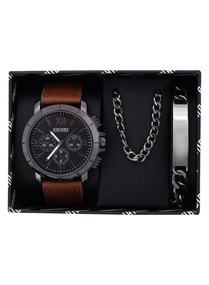 ANDIAMO Men's Analog Black Case Brown Leather Strap Set Watch 
