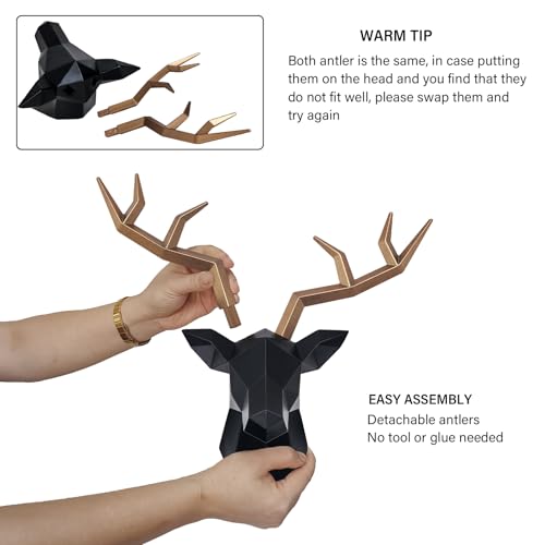 Keygift Geometrical Deer Head Wall Decor Black&Copper Faux Taxidermy Resin Animal Head Wall Mount Deer Antlers Wall Sculptures - Image 3