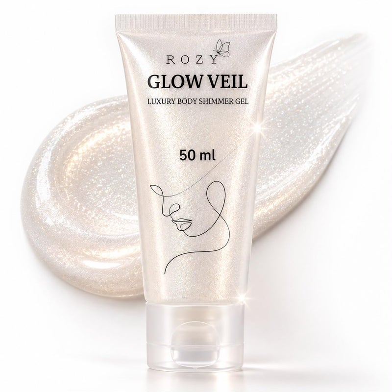 ROZY Glow Veil Luxury Body Shimmer Gel 50 ml – Pearly Shimmer, Moisturizing Body Gel & Deodorizing Care – Long-Lasting Fragrance, Lightweight Non-Sticky Formula – Pearl White