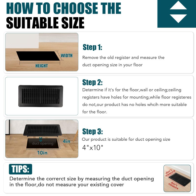 VOISEN Floor Register 4x10, 8 Pack Black Floor Vent Covers, Heavy Duty Steel Walkable Floor Vents,Vent Covers for Home Floor - Image 4