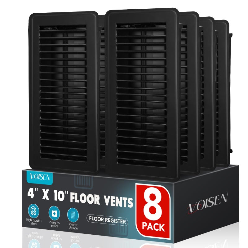 VOISEN Floor Register 4x10, 8 Pack Black Floor Vent Covers, Heavy Duty Steel Walkable Floor Vents,Vent Covers for Home Floor - Image 1