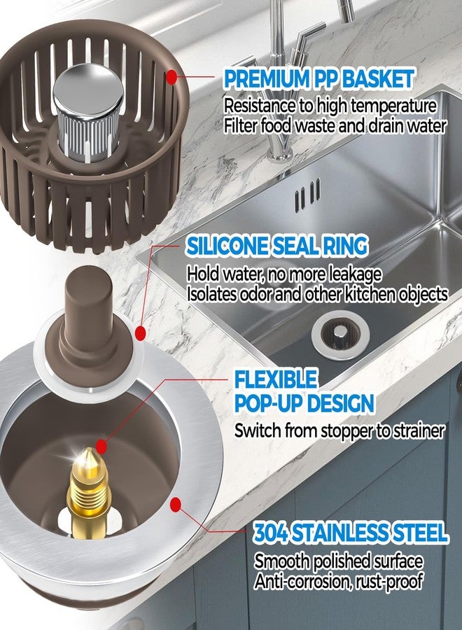 zaa Upgraded 3in1 Kitchen Sink Drain Strainer & Sink Stopper, Stainless Steel Kitchen Drain Plug & Cover with Anti-Clogging Basket Strainer, Fit US Standard 3-1/2'' Sink Drain Hole, Brown - Image 5