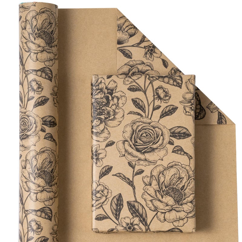 WRAPAHOLIC Kraft Floral Wrapping Paper Roll - Mini Roll - 17 Inch x 33 Feet - Vintage Black Flower Wrapping Paper for Birthday, Bridal Shower, Wedding, Baby Shower - Image 2