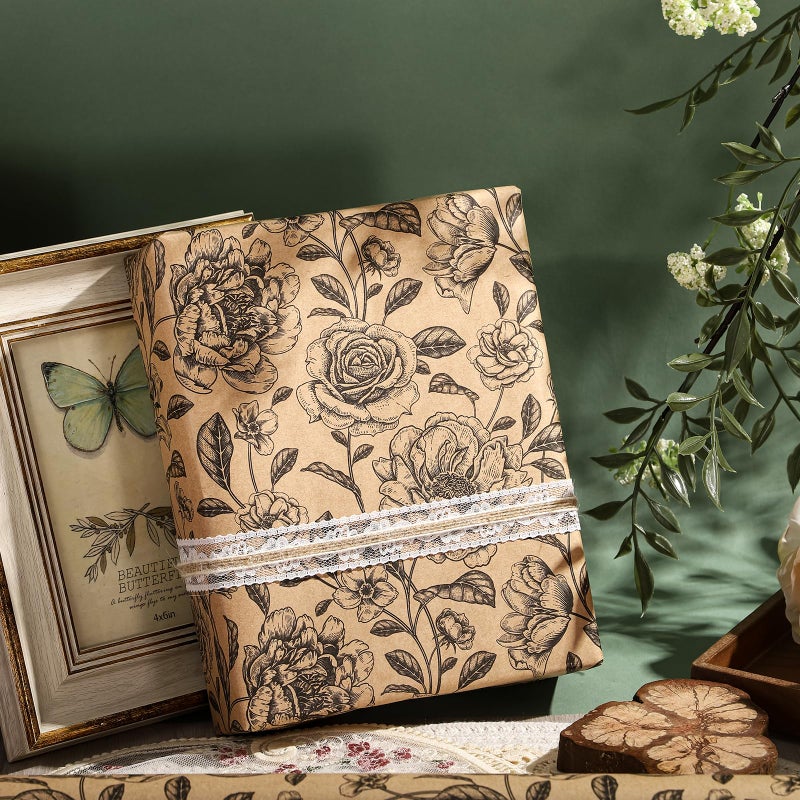 WRAPAHOLIC Kraft Floral Wrapping Paper Roll - Mini Roll - 17 Inch x 33 Feet - Vintage Black Flower Wrapping Paper for Birthday, Bridal Shower, Wedding, Baby Shower - Image 5