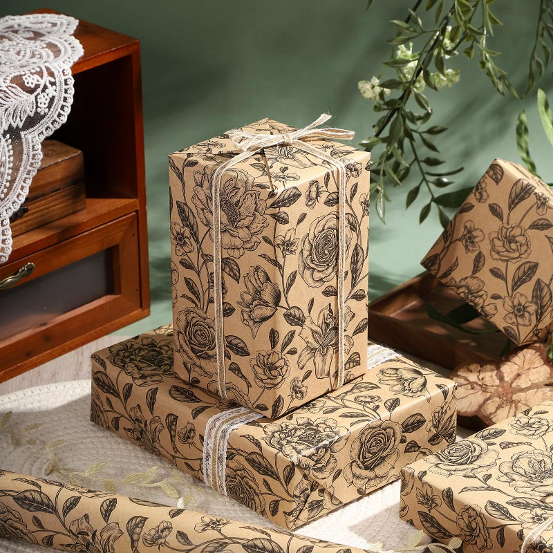 WRAPAHOLIC Kraft Floral Wrapping Paper Roll - Mini Roll - 17 Inch x 33 Feet - Vintage Black Flower Wrapping Paper for Birthday, Bridal Shower, Wedding, Baby Shower - Image 4