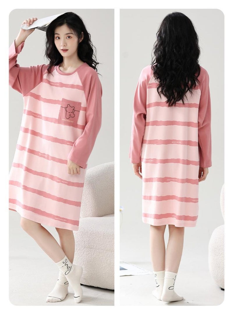 Autumn Cotton Sleep Dress Women's Loose Long Sleeve Built-in Bra Pad Midi Dress Casual Spring Summer Home Wear Nightgown - Image 2