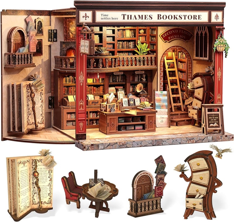 CUTEBEE Book Nook Kit - British Bookstore Magic DIY Miniature House Dollhouse Kit for Adults, Library Booknook Bookshelf Decor 3D Wooden Puzzle, Gifts for Family, Friends(Thames Bookstore) - Image 1