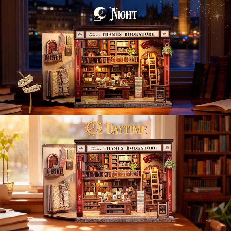 CUTEBEE Book Nook Kit - British Bookstore Magic DIY Miniature House Dollhouse Kit for Adults, Library Booknook Bookshelf Decor 3D Wooden Puzzle, Gifts for Family, Friends(Thames Bookstore) - Image 4