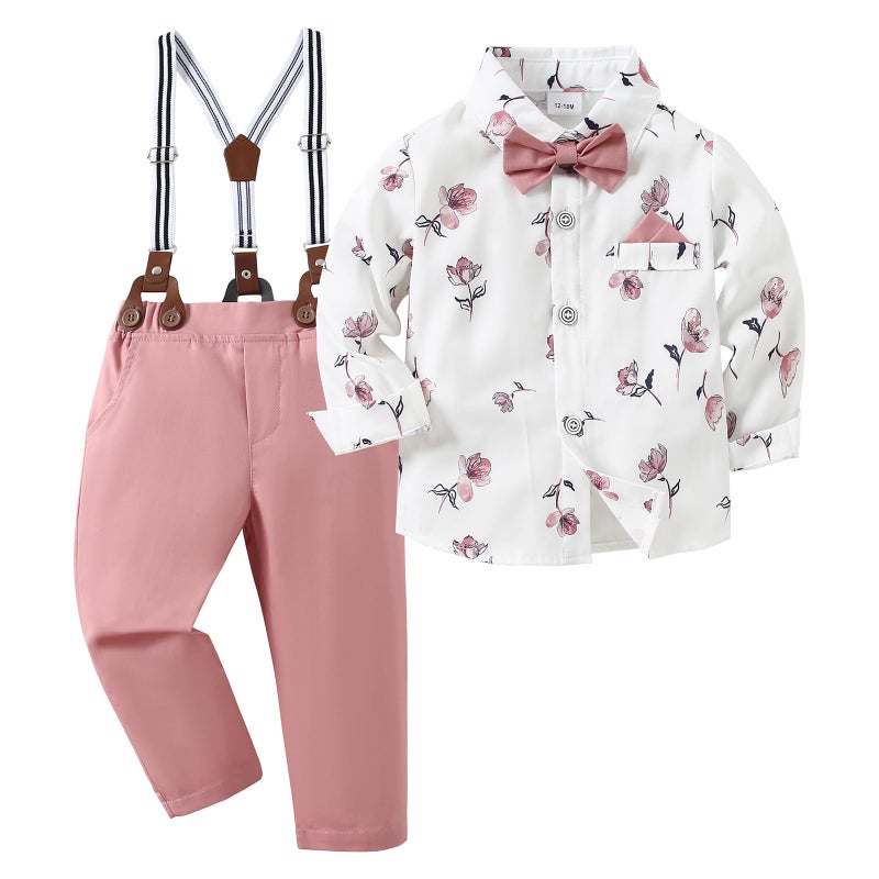 nilikastta Boys Wedding Guest Outfit Boy Dress Shirt with Bowtie/Suspender Pants for Social Activities 7-8 Years Pink - Image 1