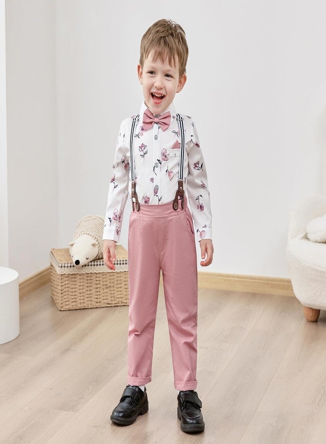 nilikastta Boys Wedding Guest Outfit Boy Dress Shirt with Bowtie/Suspender Pants for Social Activities 7-8 Years Pink - Image 3