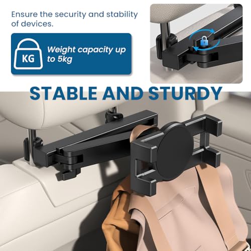 STHIRA®Tablet Holder for Car Headrest, Adjustable Extension Arm for iPad Car Mount for Back Seat, Road Trip Essentials for Kids, for 4.5-10.5" Like iPad Pro, Air, Mini, for Galaxy, Fire HD Tablet - Image 5