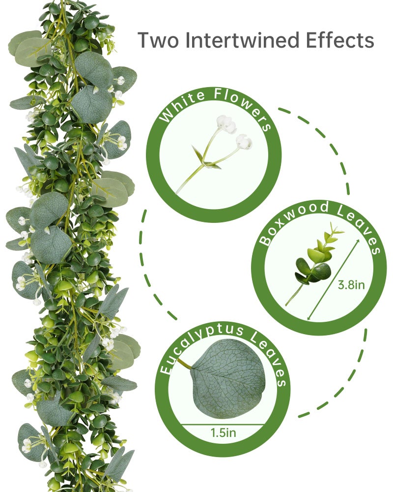 Vlorart 6ft Eucalyptus Garland with Boxwood and White Florals, Mixed Greenery Eucalyptus Garland for Wedding Arch, Backdrop, Table, Mantel and Home Decor - Image 2