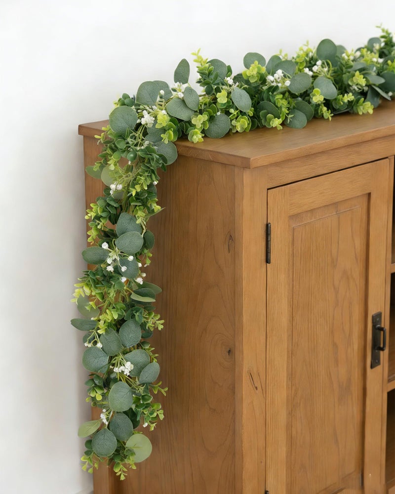 Vlorart 6ft Eucalyptus Garland with Boxwood and White Florals, Mixed Greenery Eucalyptus Garland for Wedding Arch, Backdrop, Table, Mantel and Home Decor - Image 1