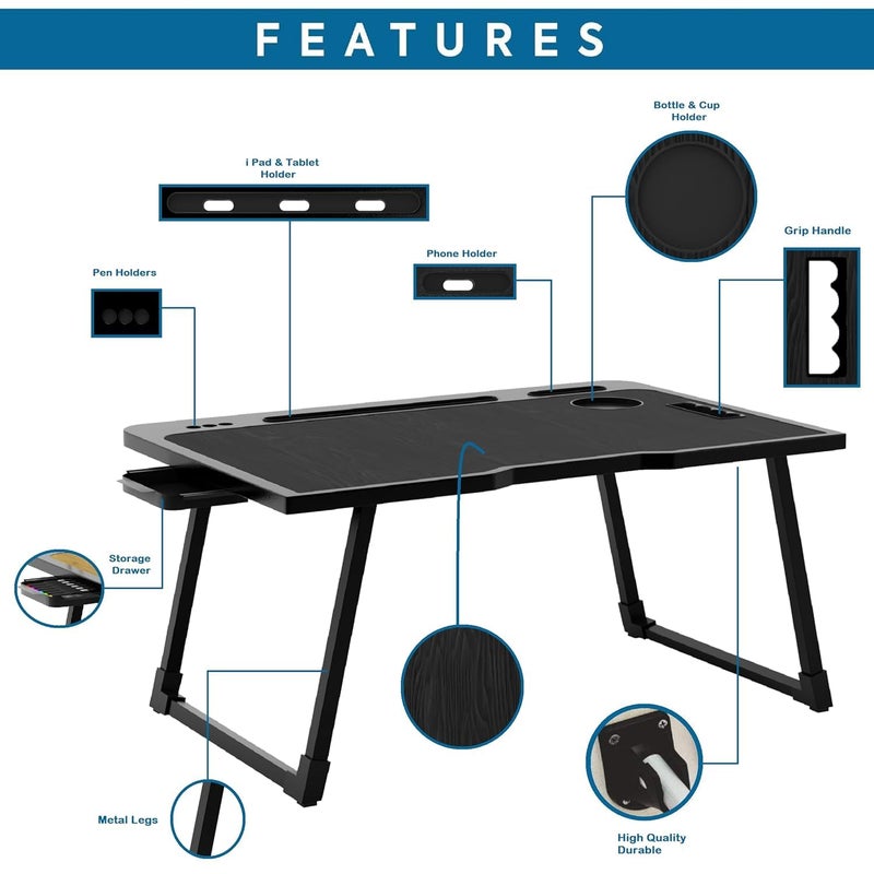 Radiant Engineered Wood Multipurpose Foldable Laptop Table, Cup Holder, Drawer, Mac Holder, Study Table, Breakfast Table, Portable, Ergonomic, Rounded Edges, Non-Slip Legs (Black), 60cm, 40cm - Image 3