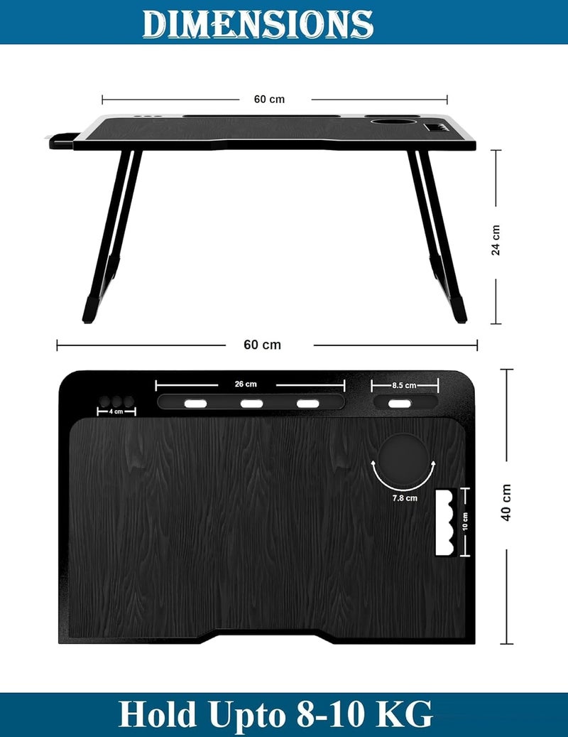 Radiant Engineered Wood Multipurpose Foldable Laptop Table, Cup Holder, Drawer, Mac Holder, Study Table, Breakfast Table, Portable, Ergonomic, Rounded Edges, Non-Slip Legs (Black), 60cm, 40cm - Image 2
