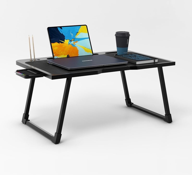 Radiant Engineered Wood Multipurpose Foldable Laptop Table, Cup Holder, Drawer, Mac Holder, Study Table, Breakfast Table, Portable, Ergonomic, Rounded Edges, Non-Slip Legs (Black), 60cm, 40cm - Image 1
