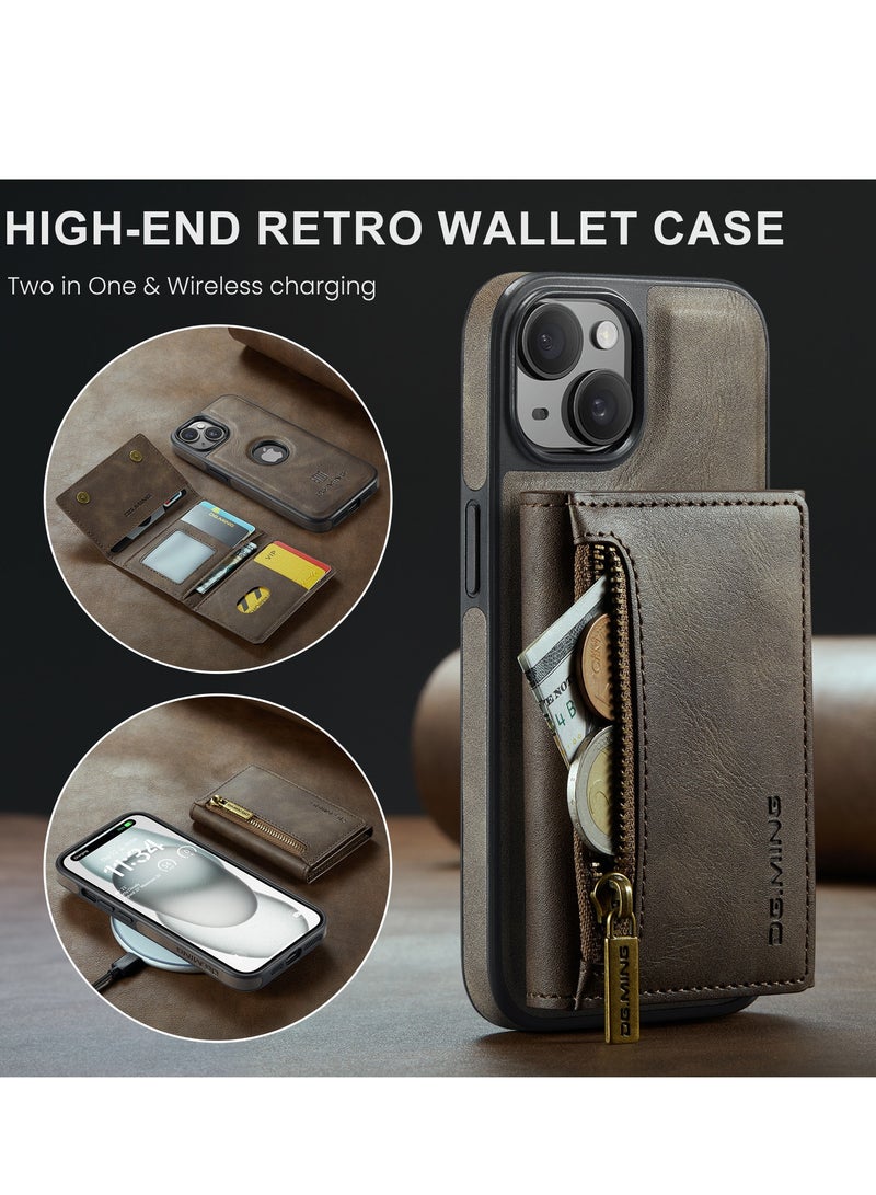 Dg Ming 2 in 1 Clutch Wallet for Iphone 15 Plus, Vintage Slim Leather Case Magnetic Detachable Tri-Fold Wallet, Leather Case with Card Holder Pocket Slim Case  - Image 3