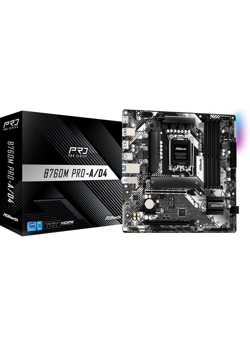 ASRock B760M Pro-A/D4  Micro ATX Motherboard for Intel Core Processors LGA1700, 4 x DDR4 DIMMs Supports Dual Channel, up to 5333+ (OC) ,Graphics Output Options: 1 HDMI, 1 DisplayPort - Image 1