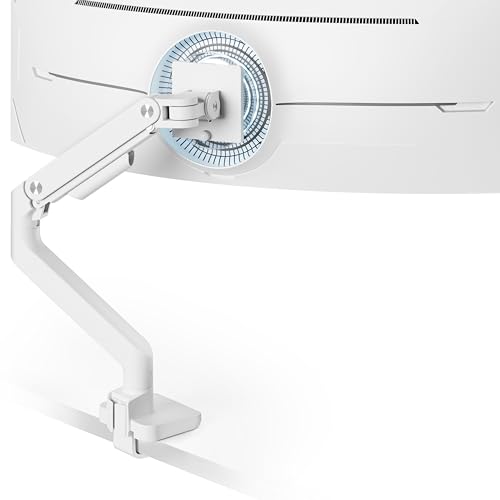ARES WING Ultrawide Monitor Arm White for 17 to 49 Inch Heavy Duty Curved Screen, Holds 44 Lbs, Adjustable Gas Spring Monitor Arm Desk Mount with C Clamp, Grommet Base, 75/100 Vesa Mount - Image 1