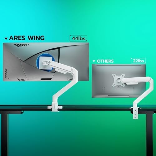 ARES WING Ultrawide Monitor Arm White for 17 to 49 Inch Heavy Duty Curved Screen, Holds 44 Lbs, Adjustable Gas Spring Monitor Arm Desk Mount with C Clamp, Grommet Base, 75/100 Vesa Mount - Image 2