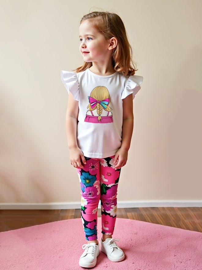 Take Two Kids Pink Floral Leggings and T-Shirt 2 Pcs Set - Image 3