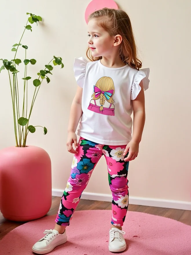 Take Two Take Two Kids Pink Floral Leggings and T-Shirt 2 Pcs Set