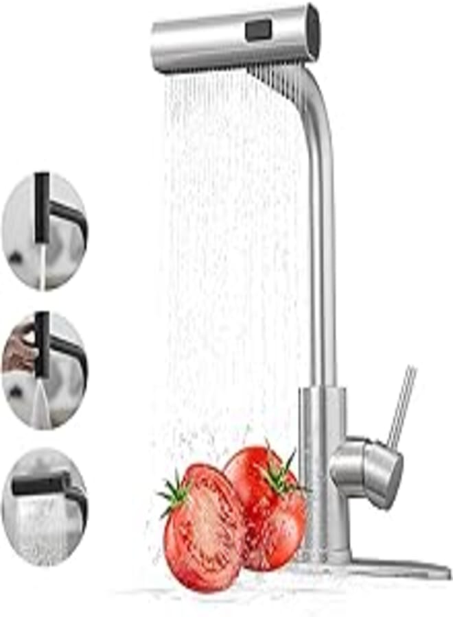 Kitchen Faucets with Pull Down Sprayer,Waterfall Kitchen Sink Faucet,Commercial Utility Stainless Steel Kitchen Faucets,Single Handle Kitchen Sink Faucet with Pull Down Sprayer for 3 Function,Brushed