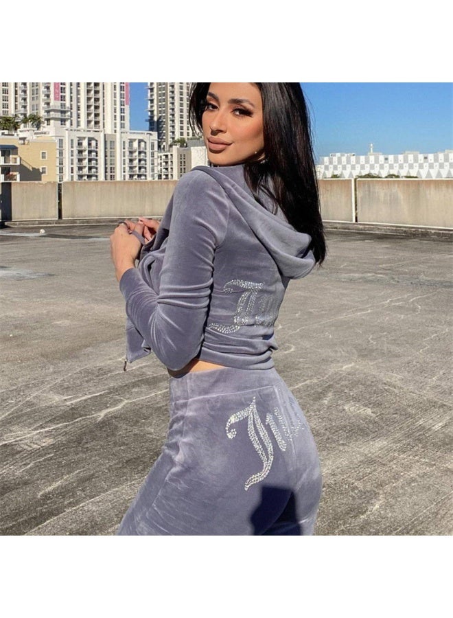 NIBEMINENT Two Piece Set Diamonds Hoodie Crop Jacket And Joggers Pants Outfits Streetwear Jogging Suits - Image 1