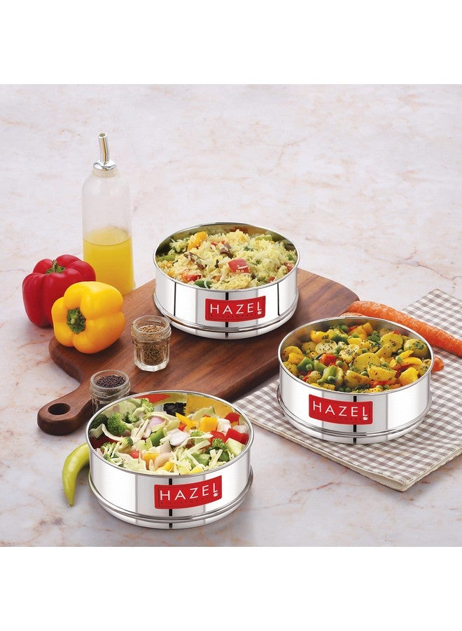 Hazel حاوية طهي هازيل ألفا | مجموعة أواني طهي بسعة 600 مل | مجموعة من 3 مع لمسة لامعة من الفولاذ المقاوم للصدأ | دبابيس طهي الأرز، فواصل طهي قابلة للتكديس، فضي - Image 2