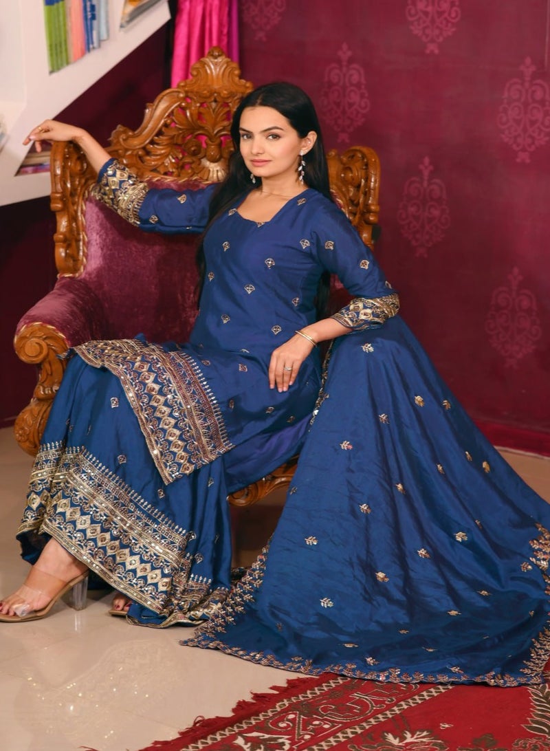 Super Asian New Designer Embroidered Chinnon Suit with Sequence Embroidered Work sharara set - Image 1