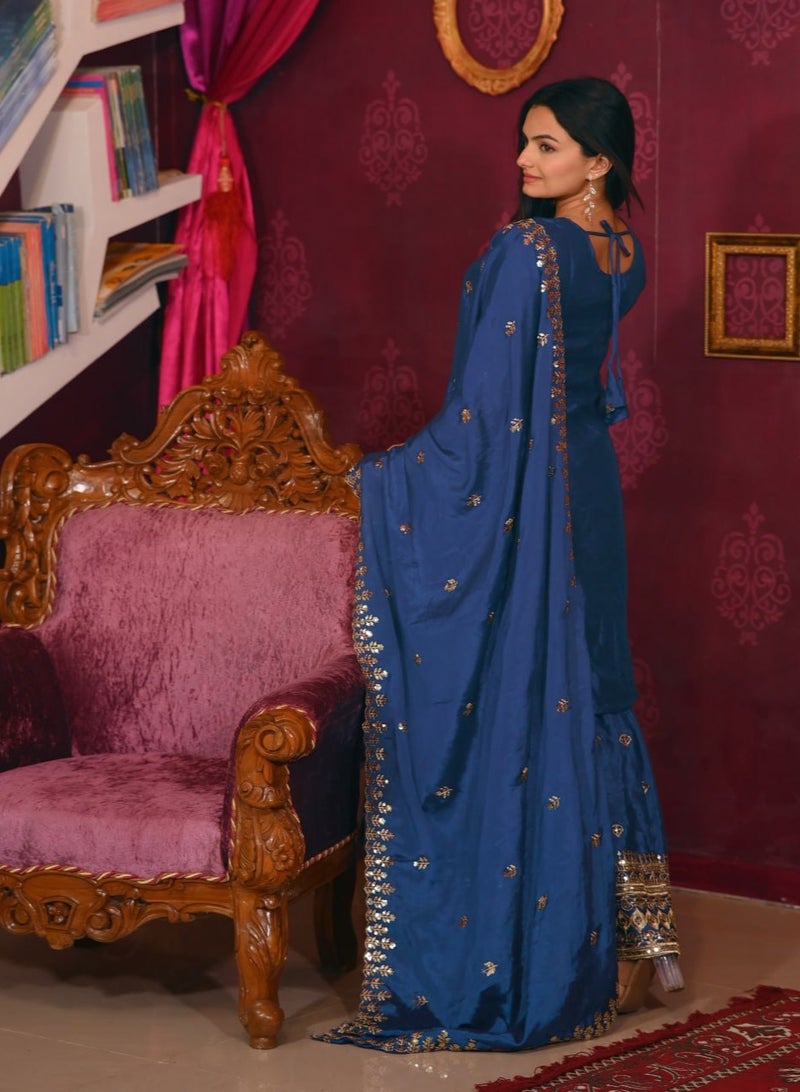 Super Asian New Designer Embroidered Chinnon Suit with Sequence Embroidered Work sharara set - Image 2