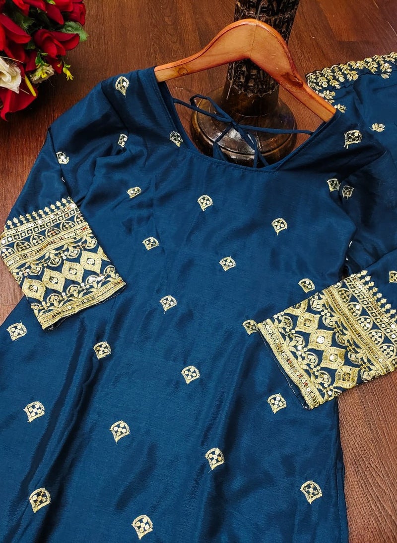 Super Asian New Designer Embroidered Chinnon Suit with Sequence Embroidered Work sharara set - Image 3