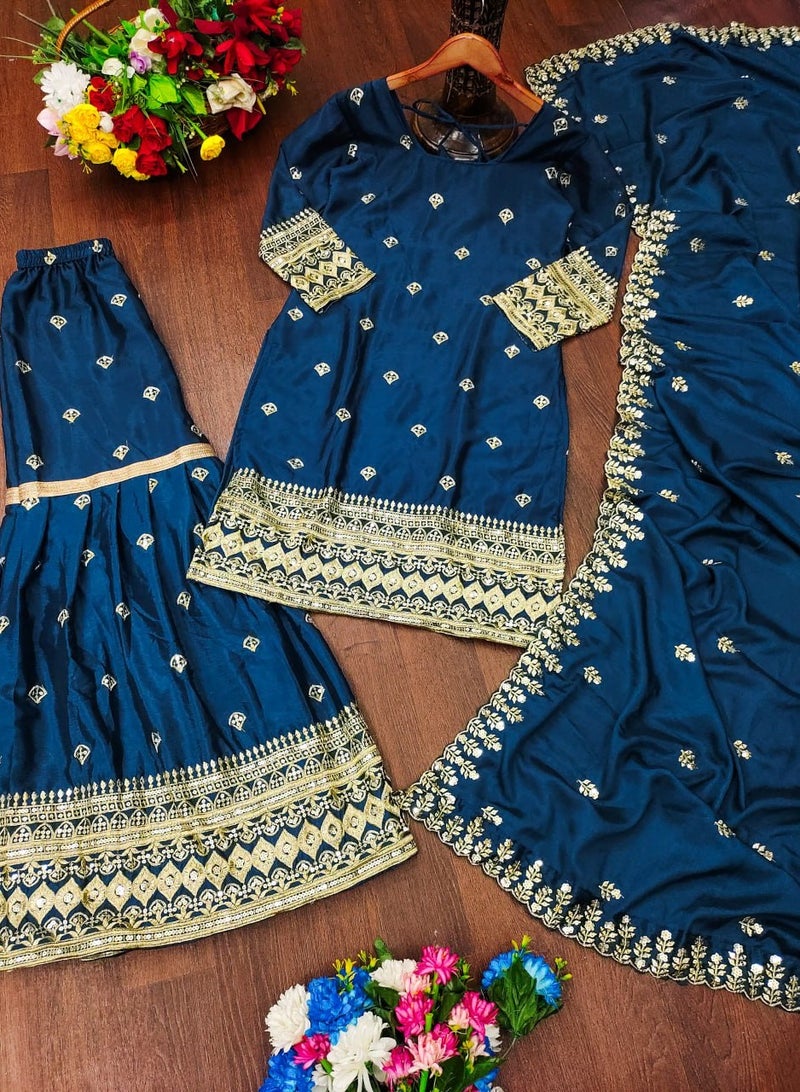 Super Asian New Designer Embroidered Chinnon Suit with Sequence Embroidered Work sharara set - Image 4