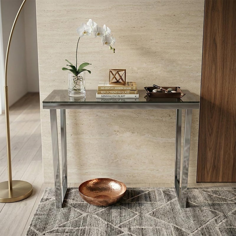 AL Hadaya Mall Rectangular Entrance Table with Glass Top - Stainless Steel - 120x40x90 cm - Silver - Image 1