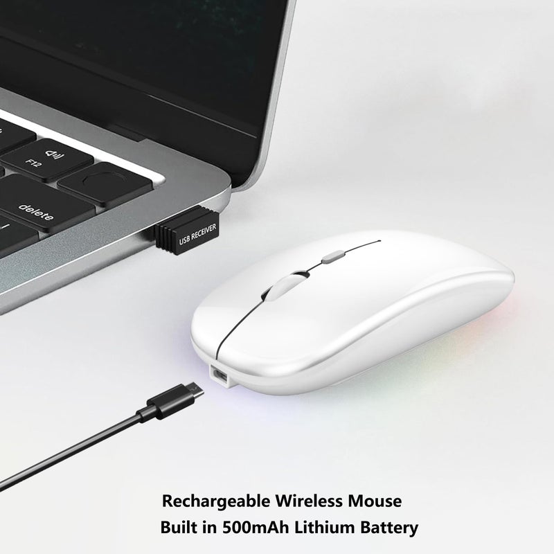WREANU Wireless Bluetooth Mouse Rechargeable Laptop Mice Silent Slim Use(BT5.2 and 2.4G Portable USB Receiver) Dual Mode Computer Mouse for Laptop/iPad/Tablet/Apple/Computer/Mac(Bright White) - Image 3