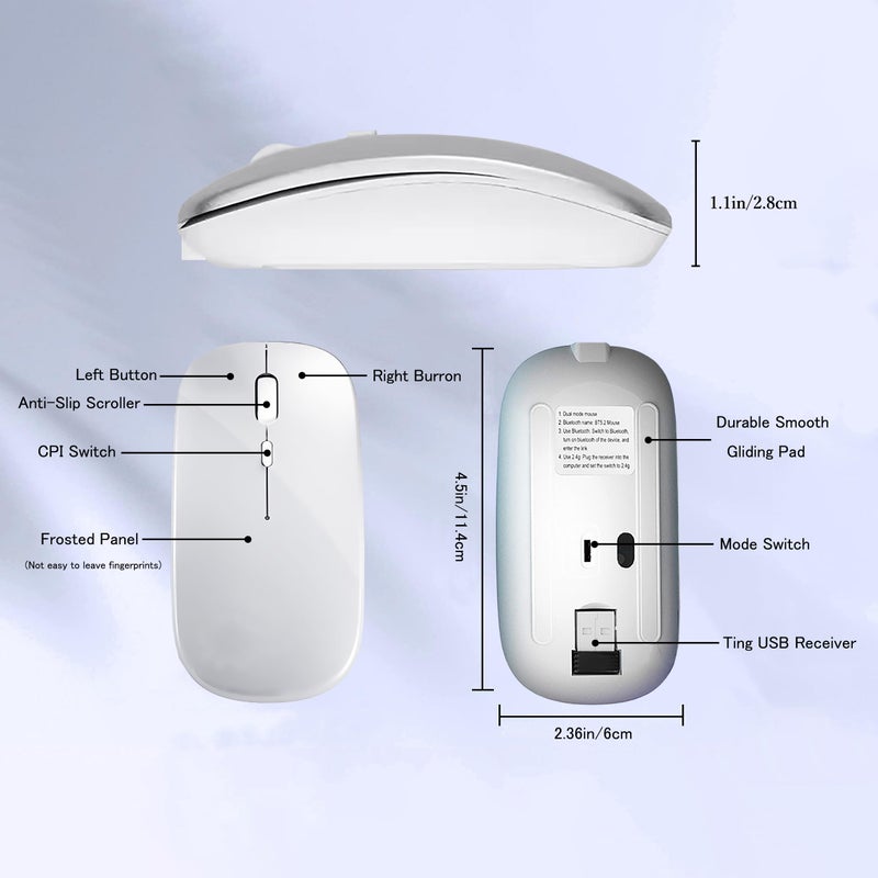 WREANU Wireless Bluetooth Mouse Rechargeable Laptop Mice Silent Slim Use(BT5.2 and 2.4G Portable USB Receiver) Dual Mode Computer Mouse for Laptop/iPad/Tablet/Apple/Computer/Mac(Bright White) - Image 5