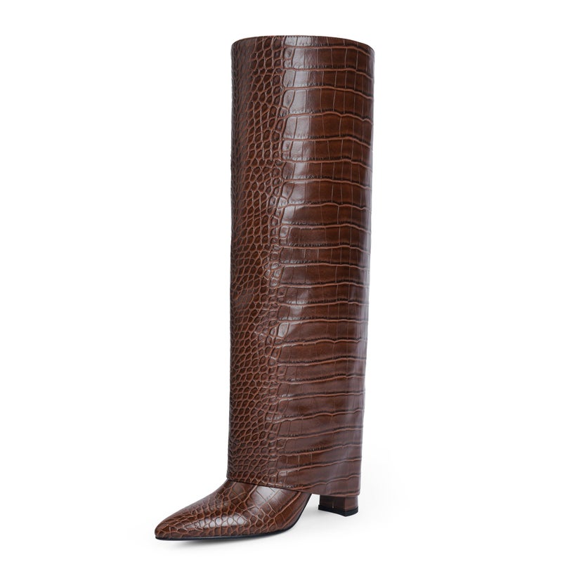 Modatope Brown Boots for Women Knee High Boots Zipper Fold Over Boots Crocodile Pointed Toe Chunky Heeled Boots Tall Boots Size 8 - Image 1
