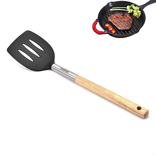 Bagonias Upgraded Silicone Slotted Turner Spatula for Non Stick Cookware, BPA Free Heat Resistant Kitchen Spatula with Beechwood Handle & Steel Core, Wide Head for Dosa, Omelette, Pancake (14 Inch) - Image 1