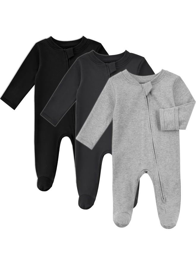 Aablexema Baby Organic Cotton Footed Pajamas Zip Up Preemie Newborn One Piece Long Sleeve Onesie Pjs, Black Grey Set, Premature - Image 1