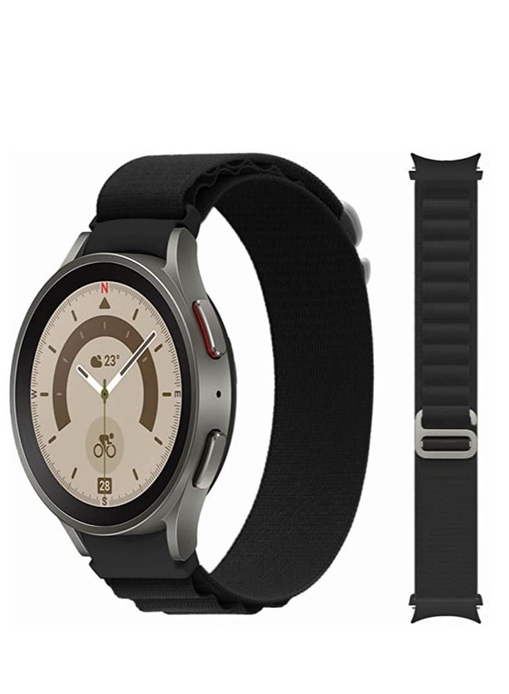 Watch 20mm Nylon Watch Band Compatible With Samsung Watch 5 Pro 45mm / Galaxy Watch 5 40mm 44mm / Galaxy Watch 4 40mm 44mm / Watch 4 Classic 42mm 46mm, Round Alpine Woven Sport Band For Men Women Black - Image 1