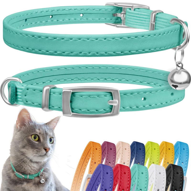 CollarDirect Leather Cat Collar with Bell - Kitten Collar, Small and Big Cat Collar for Boy Cats, Girl Cats with Safety Elastic Strap (Neck Fit 8"-11", Mint Green) - Image 1